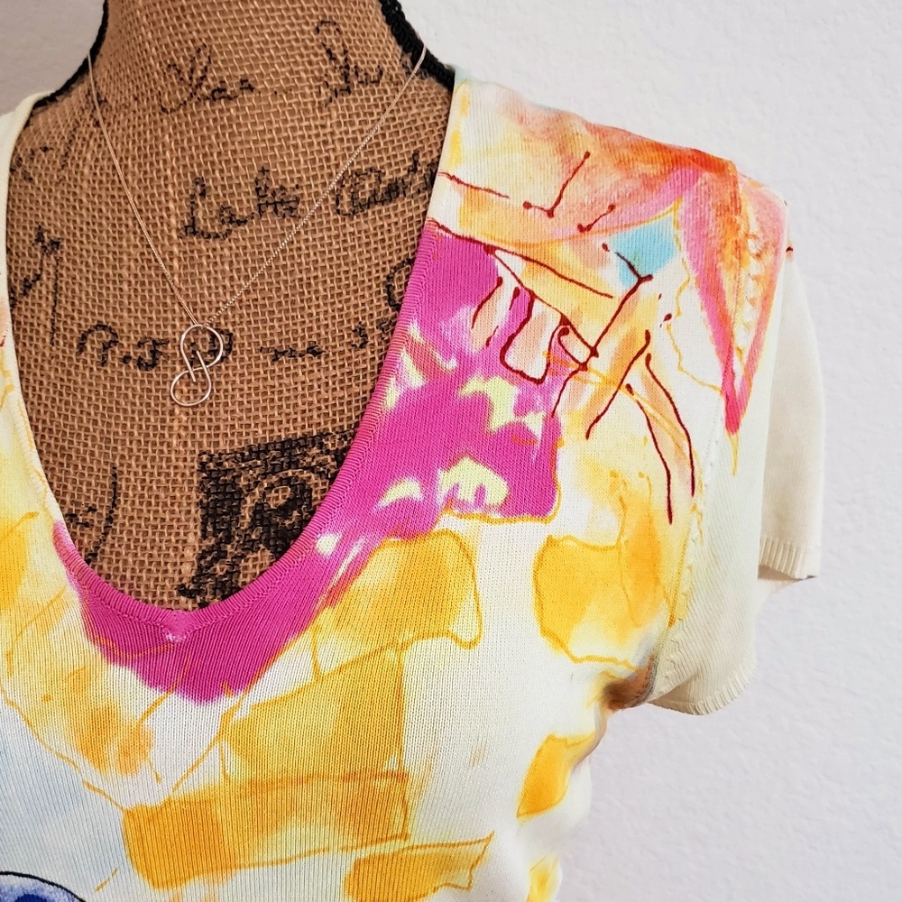 Mechant graphic print sweater top slighr cap sleeve Sm